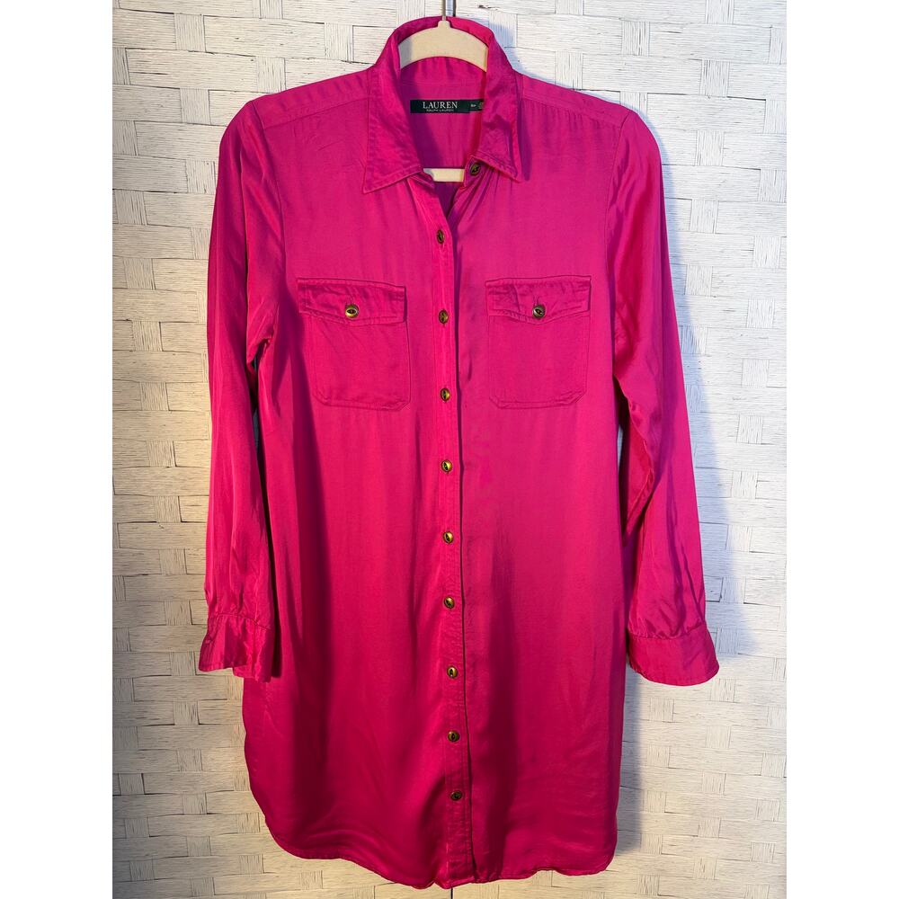 Lauren Ralph Lauren women's shirt dress pink satin lung sleeve romantic